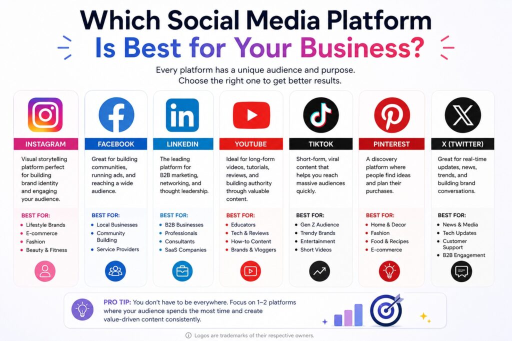 Comparison chart of best social media platforms for business marketing including Instagram, Facebook, LinkedIn, YouTube, TikTok, Pinterest, and X