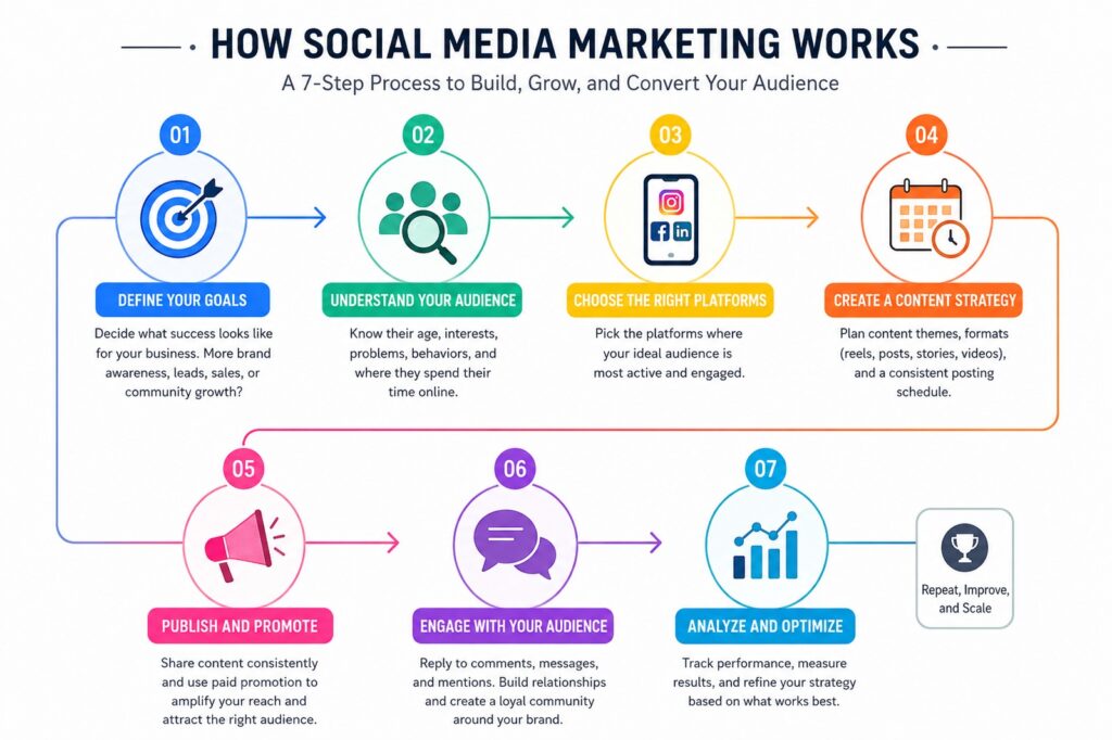 7-step social media marketing process: define goals, understand audience, choose platforms, create content strategy, publish and promote, engage audience, analyze and optimize