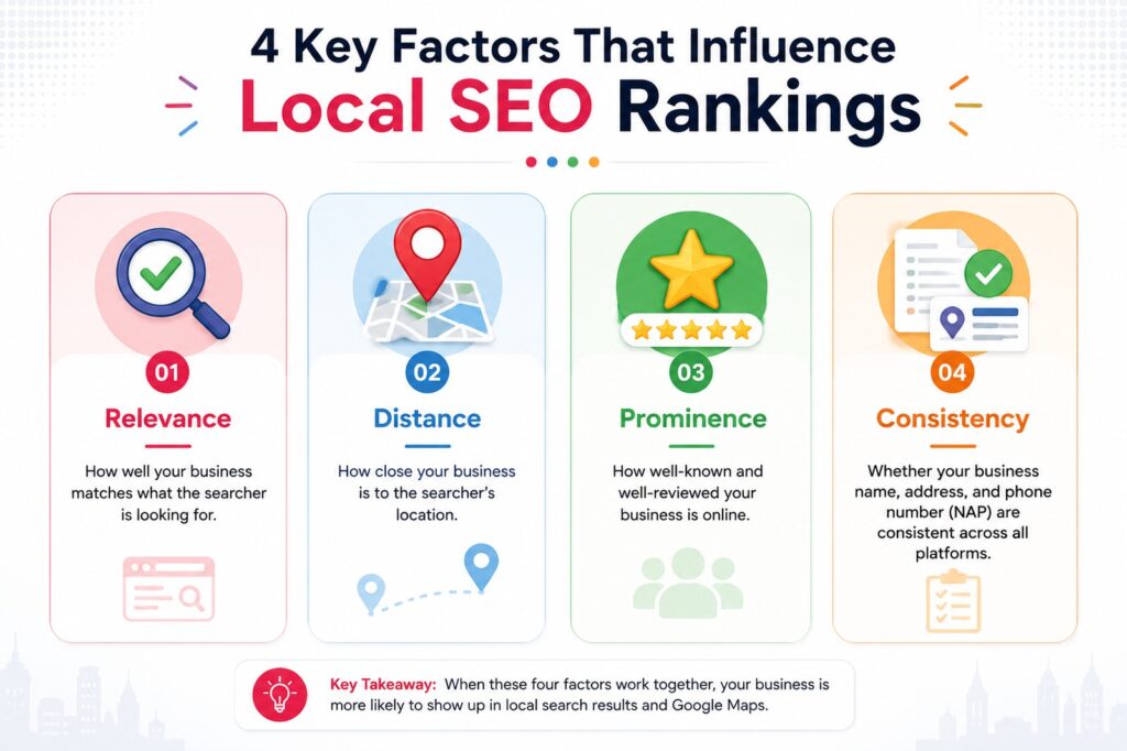 Four key local SEO ranking factors: relevance, distance, prominence, and consistency
