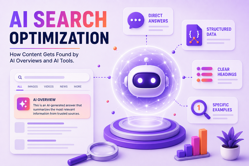 AI search optimization showing direct answers, structured data, clear headings, and specific examples for AI Overviews