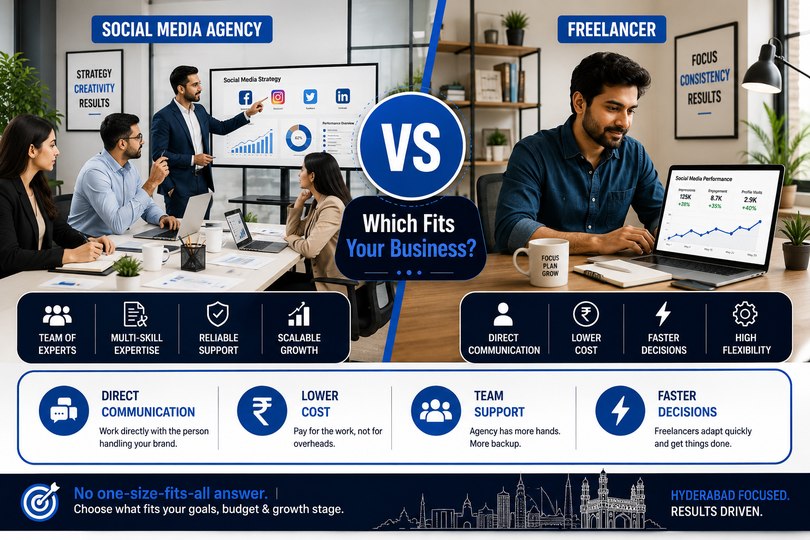 Comparison graphic showing a social media agency team on one side and a freelancer working independently on the other, illustrating agency vs freelancer options for social media marketing in Hyderabad.